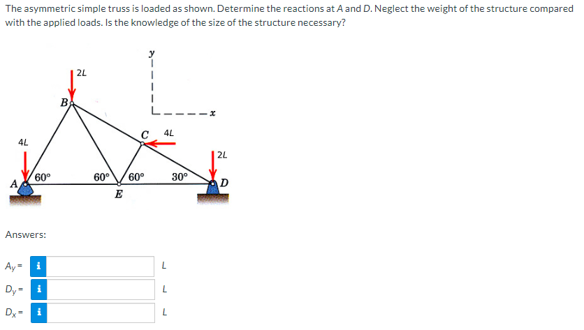 The asymmetric simple truss is loaded as shown. Determine the reactions at A and D. Neglect the weight of the structure compared
with the applied loads. Is the knowledge of the size of the structure necessary?
4L
A
60°
Answers:
Ay=
Dy=i
Dx=
i
B
2L
C
60° 60°
E
L-
4L
L
L
30°
x
2L
D
