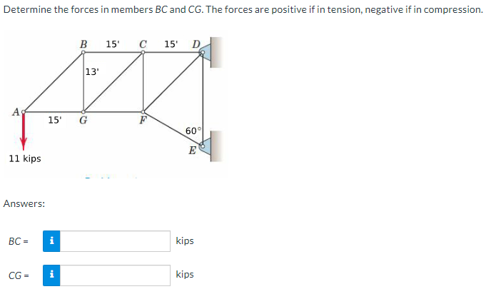 Determine the forces in members BC and CG. The forces are positive if in tension, negative if in compression.
Ag
11 kips
Answers:
BC=
CG=
15'
Mi
B
13'
15'
C
15' D
60°
E
kips
kips