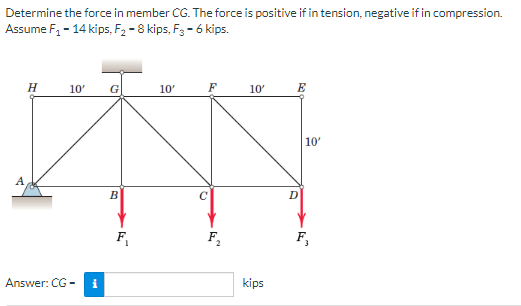 Determine the force in member CG. The force is positive if in tension, negative if in compression.
Assume F₁ - 14 kips, F₂-8 kips, F3 - 6 kips.
10' G
10'
F
KAN
B
F₁
F₂
H
Answer: CG-
i
10'
kips
E
D
10'
F₂