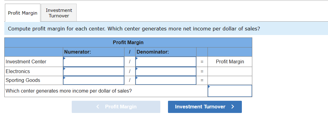 Profit Margin
Investment
Turnover
Compute profit margin for each center. Which center generates more net income per dollar of sales?
Investment Center
Electronics
Sporting Goods
Numerator:
Profit Margin
/ Denominator:
/
Which center generates more income per dollar of sales?
=
Profit Margin
=
=
< Profit Margin
Investment Turnover >