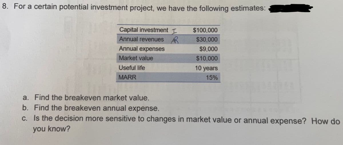 8. For a certain potential investment project, we have the following estimates:
Capital investment T
Annual revenues A
$100,000
$30,000
Annual expenses
$9,000
Market value
$10,000
Useful life
10 years
MARR
15%
a. Find the breakeven market value.
b. Find the breakeven annual expense.
c. Is the decision more sensitive to changes in market value or annual expense? How do
you know?
