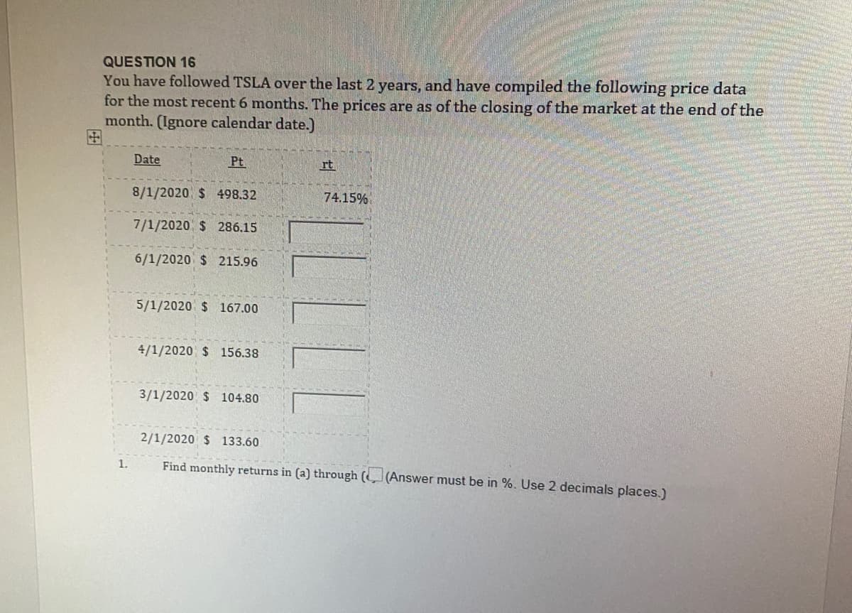 QUESTION 16
You have followed TSLA over the last 2 years, and have compiled the following price data
for the most recent 6 months. The prices are as of the closing of the market at the end of the
month. (Ignore calendar date.)
田
Date
Pt
rt
8/1/2020 $ 498.32
74.15%
7/1/2020 $ 286.15
6/1/2020 $ 215.96
5/1/2020 $ 167.00
4/1/2020 $ 156.38
3/1/2020 $ 104.80
2/1/2020 $ 133.60
1.
Find monthly returns in (a) through ((Answer must be in %. Use 2 decimals places.)
