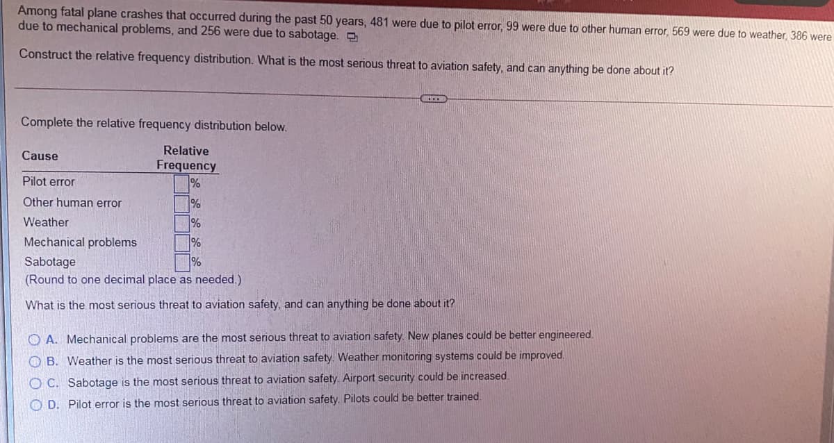 Among fatal plane crashes that occurred during the past 50 years, 481 were due to pilot error, 99 were due to other human error, 569 were due to weather, 386 were
due to mechanical problems, and 256 were due to sabotage. D
Construct the relative frequency distribution. What is the most serious threat to aviation safety, and can anything be done about it?
Complete the relative frequency distribution below.
Relative
Cause
Frequency
%
Pilot error
Other human error
Weather
%
Mechanical problems
%
Sabotage
(Round to one decimal place as needed.)
What is the most serious threat to aviation safety, and can anything be done about it?
O A. Mechanical problems are the most serious threat to aviation safety. New planes could be better engineered
O B. Weather is the most serious threat to aviation safety. Weather monitoring systems could be improved.
O C. Sabotage is the most serious threat to aviation safety. Airport security could be increased.
O D. Pilot error is the most serious threat to aviation safety. Pilots could be better trained.
