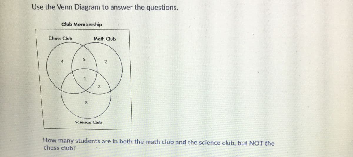 Use the Venn Diagram to answer the questions.
Club Membership
Chess Club
Math Club
Science Club
How many students are in both the math club and the science club, but NOT the
chess club?
2.

