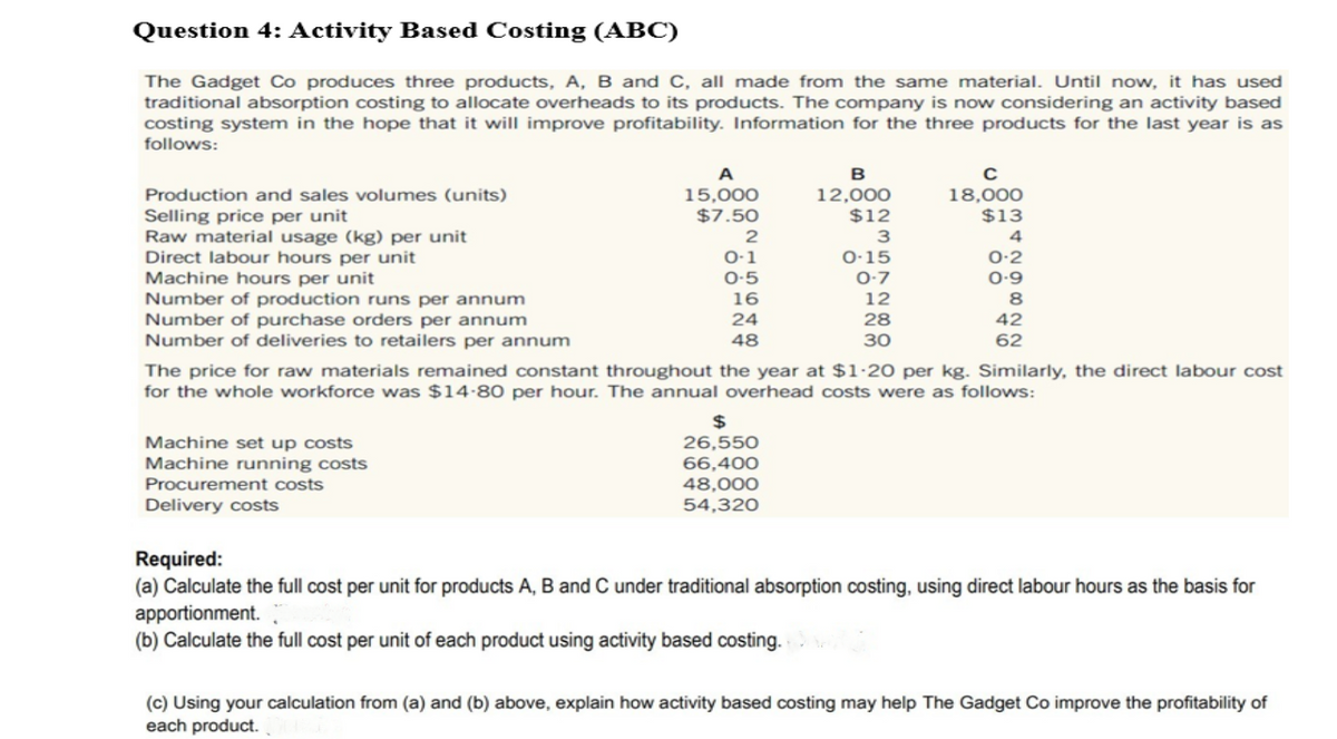 Question 4: Activity Based Costing (ABC)
The Gadget Co produces three products, A, B and C, all made from the same material. Until now, it has used
traditional absorption costing to allocate overheads to its products. The company is now considering an activity based
costing system in the hope that it will improve profitability. Information for the three products for the last year is as
follows:
Production and sales volumes (units)
Selling price per unit
Raw material usage (kg) per unit
Direct labour hours per unit
Machine hours per unit
Number of production runs per annum
Number of purchase orders per annum
Number of deliveries to retailers per annum
A
15,000
B
12,000
C
18,000
$7.50
$12
$13
2
3
4
0-1
0-15
0-2
0-5
0-7
0.9
16
12
8
24
28
42
48
30
62
The price for raw materials remained constant throughout the year at $1.20 per kg. Similarly, the direct labour cost
for the whole workforce was $14.80 per hour. The annual overhead costs were as follows:
Machine set up costs
Machine running costs
Procurement costs
Delivery costs
Required:
$
26,550
66,400
48,000
54,320
(a) Calculate the full cost per unit for products A, B and C under traditional absorption costing, using direct labour hours as the basis for
apportionment.
(b) Calculate the full cost per unit of each product using activity based costing.
(c) Using your calculation from (a) and (b) above, explain how activity based costing may help The Gadget Co improve the profitability of
each product.