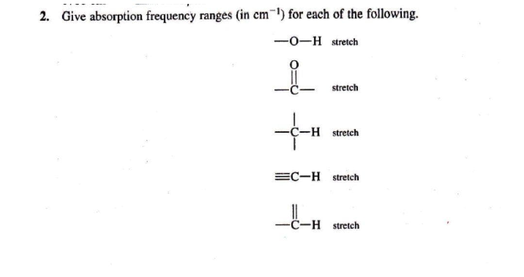 2. Give absorption frequency ranges (in cm) for each of the following.
-0-H stretch
stretch
H stretch
EC-H
stretch
-C-H
stretch

