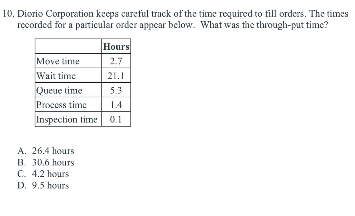 10. Diorio Corporation keeps careful track of the time required to fill orders. The times
recorded for a particular order appear below. What was the through-put time?
Hours
Move time
2.7
Wait time
21.1
|Queue time
Process time
5.3
1.4
Inspection time| 0.1
A. 26.4 hours
B. 30.6 hours
C. 4.2 hours
D. 9.5 hours
