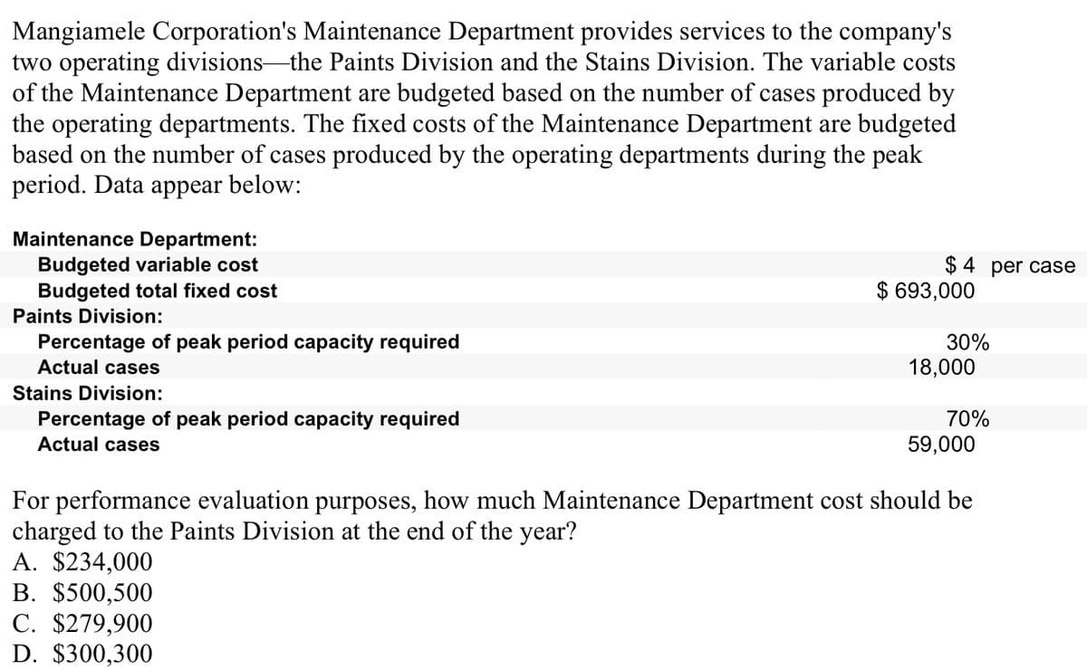 Mangiamele Corporation's Maintenance Department provides services to the company's
two operating divisions-the Paints Division and the Stains Division. The variable costs
of the Maintenance Department are budgeted based on the number of cases produced by
the operating departments. The fixed costs of the Maintenance Department are budgeted
based on the number of cases produced by the operating departments during the peak
period. Data appear below:
Maintenance Department:
Budgeted variable cost
Budgeted total fixed cost
$ 4 per case
$ 693,000
Paints Division:
30%
Percentage of peak period capacity required
Actual cases
18,000
Stains Division:
70%
Percentage of peak period capacity required
Actual cases
59,000
For performance evaluation purposes, how much Maintenance Department cost should be
charged to the Paints Division at the end of the year?
A. $234,000
B. $500,500
C. $279,900
D. $300,300

