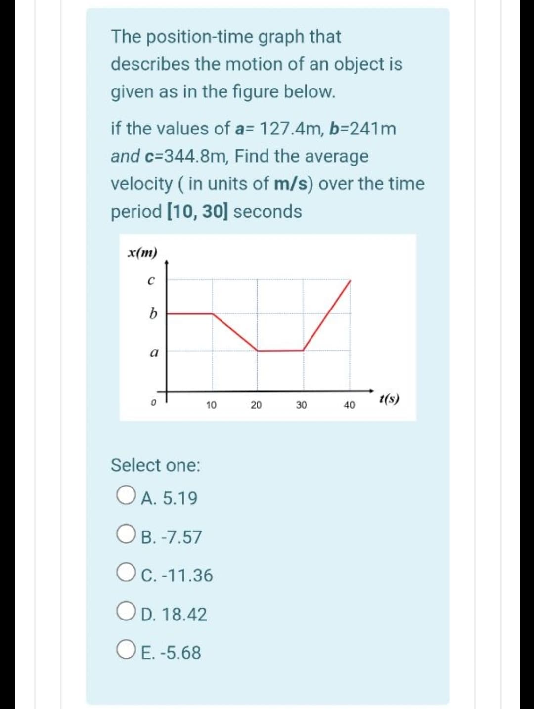 The position-time graph that
describes the motion of an object is
given as in the figure below.
if the values of a= 127.4m, b=241m
and c=344.8m, Find the average
velocity ( in units of m/s) over the time
period [10, 30] seconds
x(m)
C
a
1(s)
10
20
30
40
Select one:
O A. 5.19
Ов. -7.57
OC. -11.36
OD. 18.42
O E. -5.68
