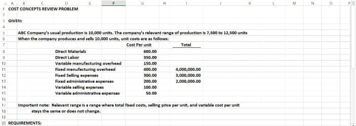 1 COST CONCEPTS REVIEW PROBLEM
2
3 GIVENI
4.
ABC Company's usual production is 10,000 units. The company's relevant range of production is 7,500 to 12,500 units
When the company produces and sells 10,000 units, unit costs are as follows:
Cost Per unit
Total
Direct Materials
600.00
Direct Labor
350.00
Variable manufacturing overhead
Fixed manufacturing overhead
Fixed Selling expenses
Fixed administrative expenses
Variable selling axpenses
Variable administrative expenses
10
150.00
11
400.00
4,000,000.00
12
300.00
3,000,000.00
13
200.00
2,000,000.00
14
100.00
15
50.00
16
1/
Important note: Relevant range is a range where total fixed costs, selling price per unit, and varlable cost per unit
18
stays the same or does not change.
19
20 REQUIREMENTS:
