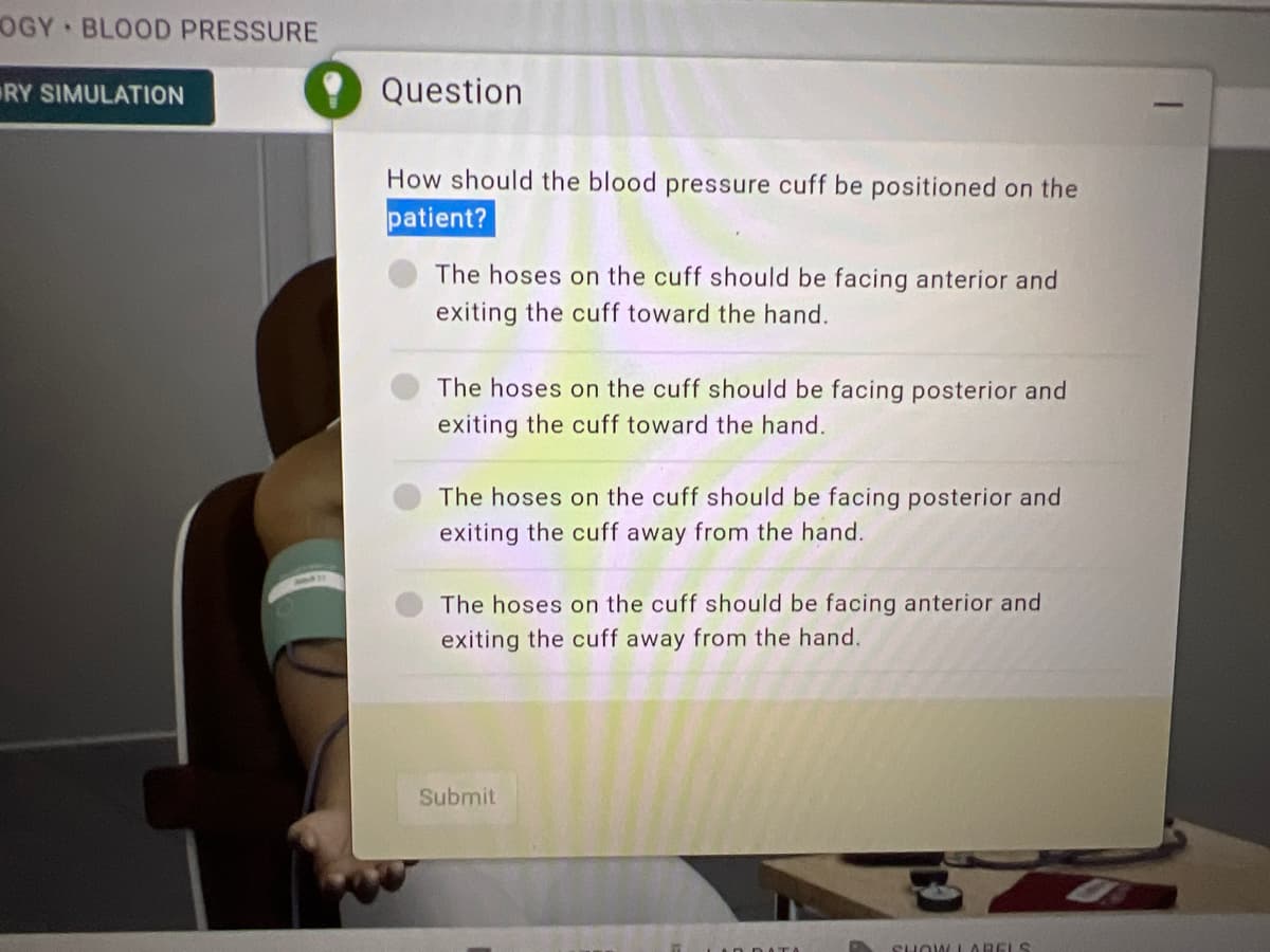 OGY BLOOD PRESSURE
RY SIMULATION
Question
How should the blood pressure cuff be positioned on the
patient?
The hoses on the cuff should be facing anterior and
exiting the cuff toward the hand.
The hoses on the cuff should be facing posterior and
exiting the cuff toward the hand.
The hoses on the cuff should be facing posterior and
exiting the cuff away from the hand.
The hoses on the cuff should be facing anterior and
exiting the cuff away from the hand.
Submit
SHOW LARELS
