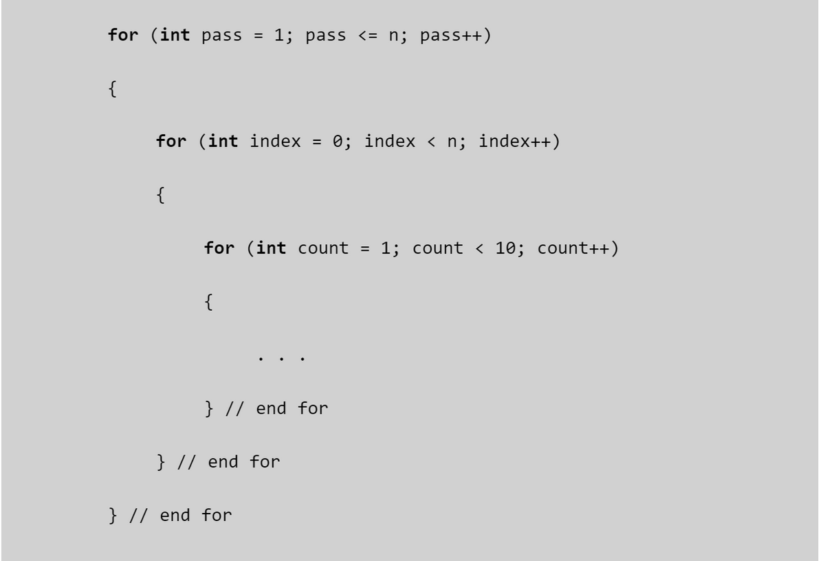 for (int pass
{
{
for (int index = 0; index < n; index++)
=
{
1; pass <= n; pass++)
for (int count = 1; count ‹ 10; count++)
} // end for
} // end for
} // end for