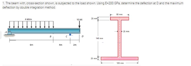 1. The beam with, cross-section shown, is subjected to the load shown. Using E-200 GPa, determine the defection at D and the maximum
deflection by double integration method.
80 mm
4 kNm
16 kN
25 mm
25 mm
B
140 mm
6m
4m
2m
25 mm
120 mm
