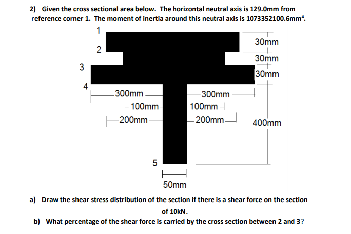 2) Given the cross sectional area below. The horizontal neutral axis is 129.0mm from
reference corner 1. The moment of inertia around this neutral axis is 1073352100.6mm.
1
30mm
2
30mm
3
30mm
4
300mm.
-300mm
F100mm-
200mm-
100mm -
200mm.
400mm
5
50mm
a) Draw the shear stress distribution of the section if there is a shear force on the section
of 10kN.
b) What percentage of the shear force is carried by the cross section between 2 and 3?
