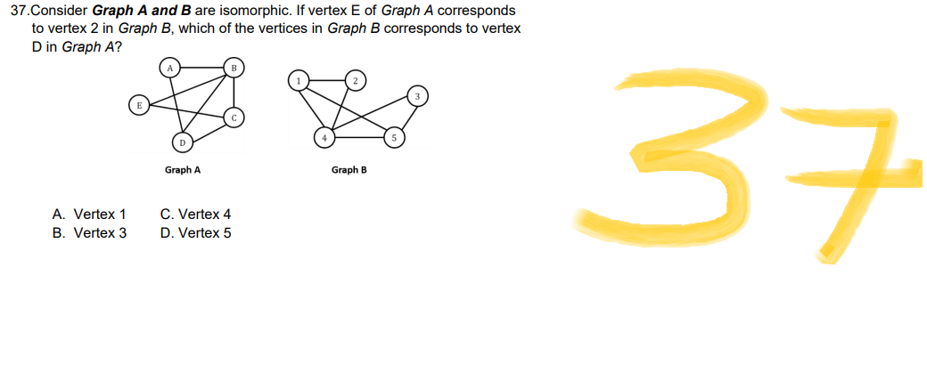 37. Consider Graph A and B are isomorphic. If vertex E of Graph A corresponds
to vertex 2 in Graph B, which of the vertices in Graph B corresponds to vertex
D in Graph A?
봄날
Graph A
Graph B
A. Vertex 1
C. Vertex 4
B. Vertex 3
D. Vertex 5
37