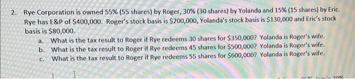2. Rye Corporation is owned 55% (55 shares) by Roger, 30% (30 shares) by Yolanda and 15% (15 shares) by Eric.
Rye has E&P of $400,000. Roger's stock basis is $200,000, Yolanda's stock basis is $130,000 and Eric's stock
basis is $80,000.
a. What is the tax result to Roger if Rye redeems 30 shares for $350,000? Yolanda is Roger's wife.
b. What is the tax result to Roger if Rye redeems 45 shares for $500,000? Yolanda is Roger's wife.
c. What is the tax result to Roger if Rye redeems 55 shares for $600,000? Yolanda is Roger's wife.
