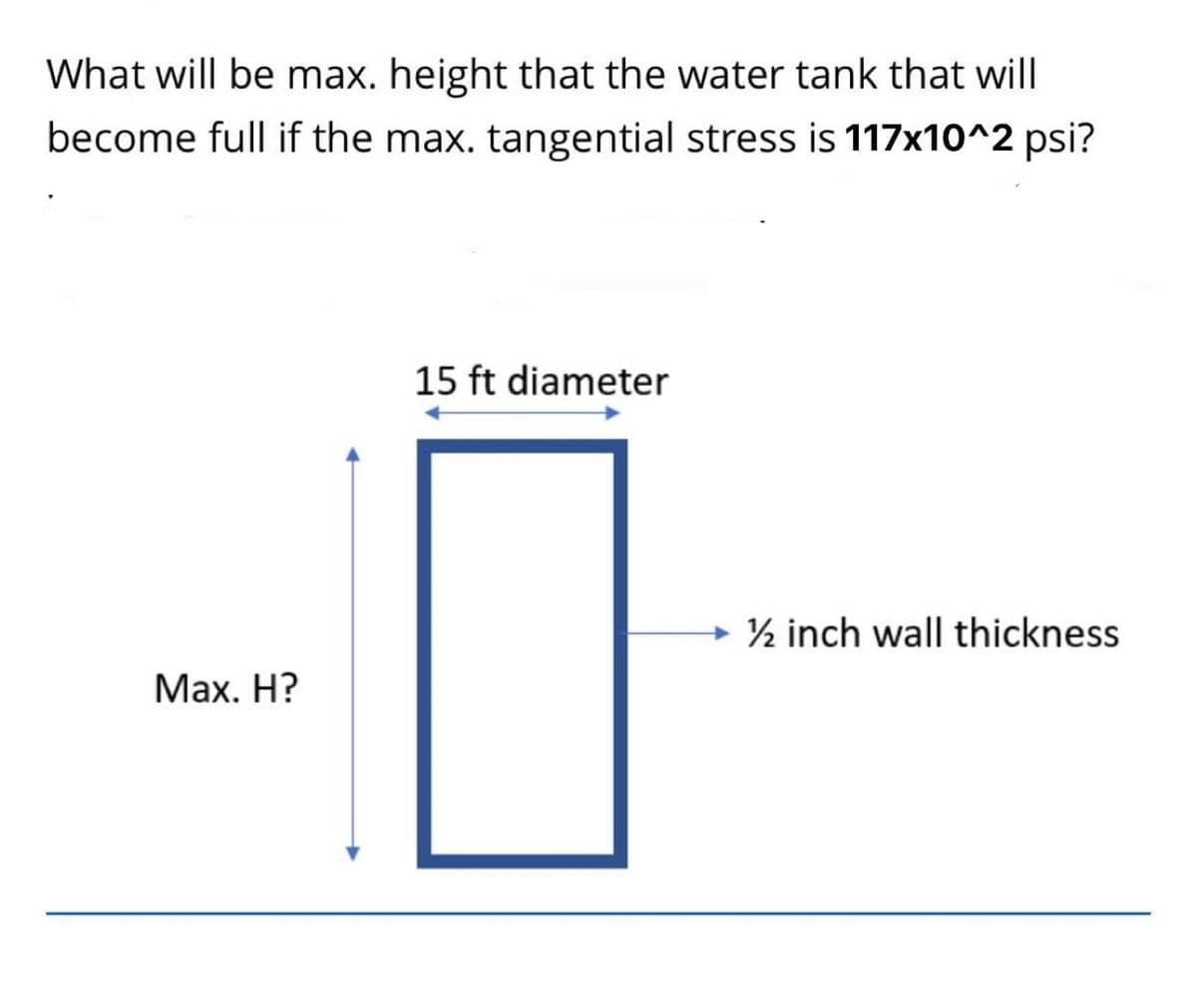 What will be max. height that the water tank that will
become full if the max. tangential stress is 117x10^2 psi?
15 ft diameter
→ ½ inch wall thickness
Мax. Н?
