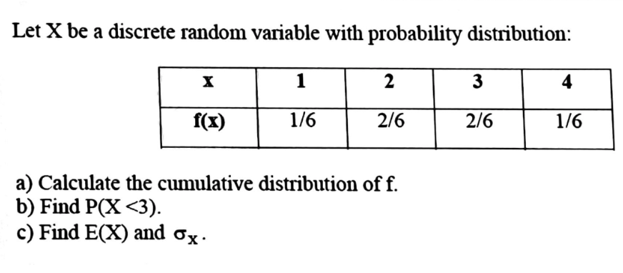 Let X be a discrete random variable with probability distribution:
f(x)
1
1/6
2
2/6
a) Calculate the cumulative distribution of f.
b) Find P(X <3).
c) Find E(X) and ox.
3
2/6
4
1/6