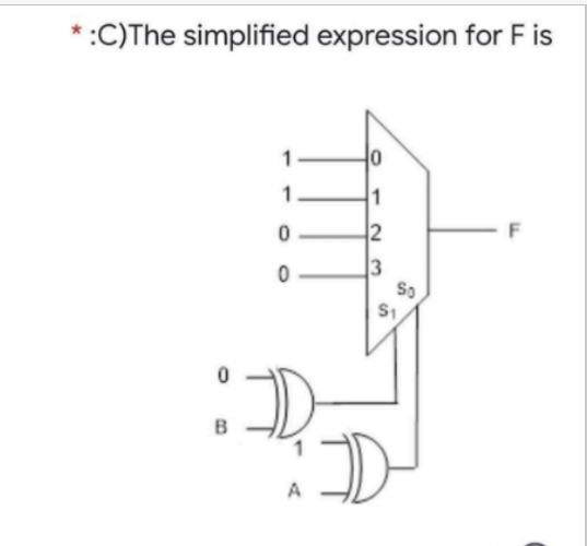 *:C) The simplified expression for F is
0
B
1
1
0
0
A
0
1
2
3
So
S₁