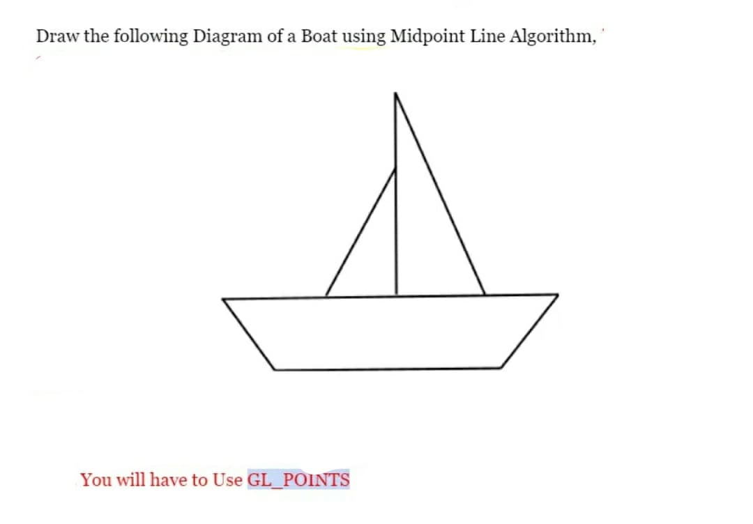 Draw the following Diagram of a Boat using Midpoint Line Algorithm,
You will have to Use GL_POINTS
