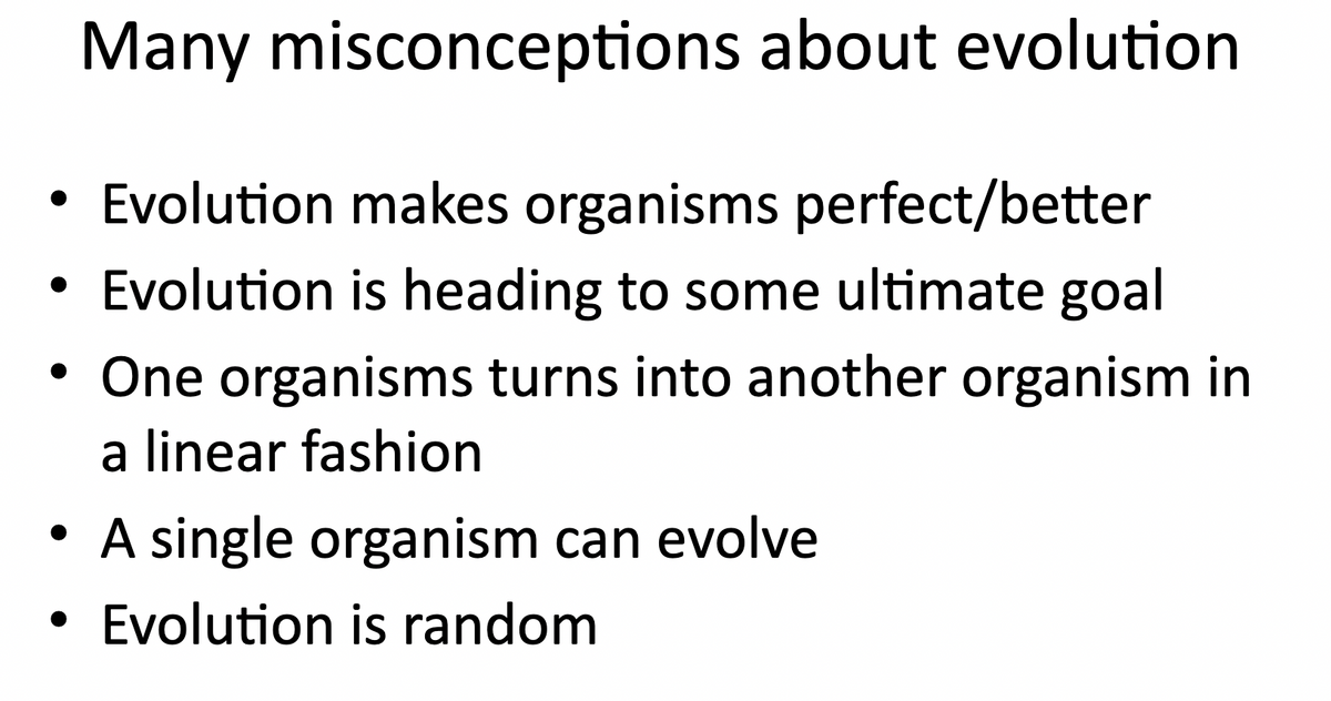 Many misconceptions about evolution
• Evolution makes organisms perfect/better
• Evolution is heading to some ultimate goal
• One organisms turns into another organism in
a linear fashion
• A single organism can evolve
• Evolution is random
