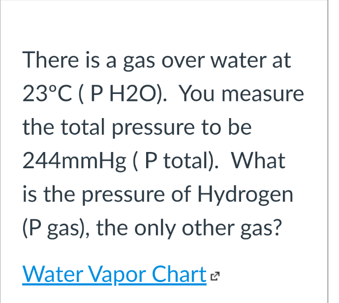 There is a gas over water at
23°C ( P H20). You measure
the total pressure to be
244mmHg ( P total). What
is the pressure of Hydrogen
(P gas), the only other gas?
Water Vapor Chart e

