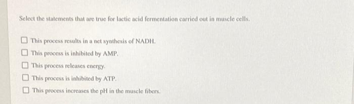 Select the statements that are true for lactic acid fermentation carried out in muscle cells.
O This process results in a net synthesis of NADH.
This process is inhibited by AMP.
This process releases energy.
O This process is inhibited by ATP.
This process increases the pH in the muscle fibers.
