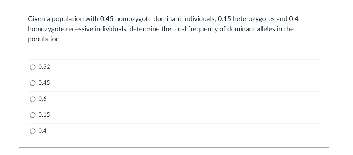 Given a population with 0.45 homozygote dominant individuals, 0.15 heterozygotes and 0.4
homozygote recessive individuals, determine the total frequency of dominant alleles in the
population.
0.52
0.45
0.6
0.15
0.4
