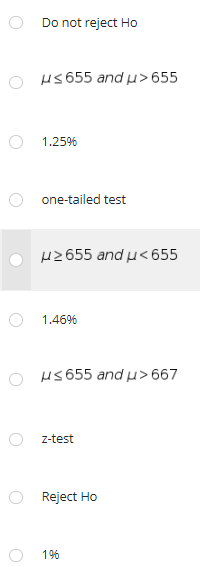 Do not reject Ho
OHS655 and μ> 655
1.25%
one-tailed test
≥655 and μ< 655
1.46%
H≤655 and μ> 667
z-test
Reject Ho
196