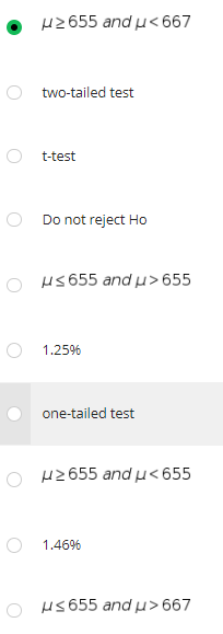 ≥ 655 and μ< 667
two-tailed test
t-test
Do not reject Ho
OHS655 and μ> 655
1.25%
one-tailed test
μ2655 and μ< 655
1.46%
H≤655 and μ> 667
O