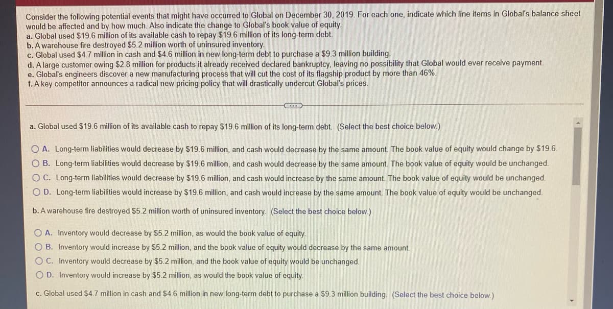Consider the following potential events that might have occurred to Global on December 30, 2019. For each one, indicate which line items in Global's balance sheet
would be affected and by how much. Also indicate the change to Global's book value of equity.
a. Global used $19.6 million of its available cash to repay $19.6 million of its long-term debt.
b. A warehouse fire destroyed $5.2 million worth of uninsured inventory.
c. Global used $4.7 million in cash and $4.6 million in new long-term debt to purchase a $9.3 million building.
d. A large customer owing $2.8 million for products it already received declared bankruptcy, leaving no possibility that Global would ever receive payment.
e. Global's engineers discover a new manufacturing process that will cut the cost of its flagship product by more than 46%.
f. A key competitor announces a radical new pricing policy that will drastically undercut Global's prices.
a. Global used $19.6 million of its available cash to repay $19.6 million of its long-term debt. (Select the best choice below.)
O A. Long-term liabilities would decrease by $19.6 million, and cash would decrease by the same amount. The book value of equity would change by $19.6.
O B. Long-term liabilities would decrease by $19.6 million, and cash would decrease by the same amount. The book value of equity would be unchanged.
O C. Long-term liabilities would decrease by $19.6 million, and cash would increase by the same amount. The book value of equity would be unchanged.
O D. Long-term liabilities would increase by $19.6 million, and cash would increase by the same amount. The book value of equity would be unchanged.
b. A warehouse fire destroyed $5.2 million worth of uninsured inventory. (Select the best choice below.)
O A. Inventory would decrease by $5.2 million, as would the book value of equity.
O B. Inventory would increase by $5.2 million, and the book value of equity would decrease by the same amount.
O C. Inventory would decrease by $5.2 million, and the book value of equity would be unchanged.
O D. Inventory would increase by $5.2 million, as would the book value of equity.
c. Global used $4.7 million in cash and $4.6 million in new long-term debt to purchase a $9.3 million building. (Select the best choice below.)
