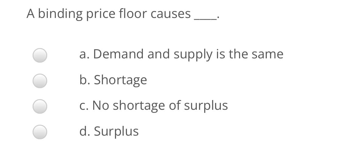 A binding price floor causes
a. Demand and supply is the same
b. Shortage
c. No shortage of surplus
d. Surplus
