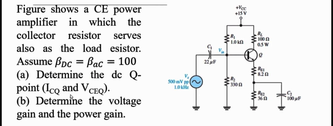 Figure shows a CE power
amplifier in which the
collector resistor
+Vcc
+15 V
RL
100 N
0.5 W
serves
1.0 kN
also as the load esistor.
Via
Assume Bpc = Bac = 100
(a) Determine the de Q-
point (Icq and VCEQ).
(b) Determine the voltage
gain and the power gain.
22 uF
REI
8.2n
V.
500 mV pp |
1.0 kHz
R2
330N
RE2
36N
100 μF
