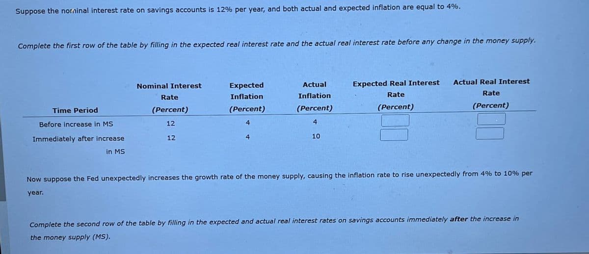 Suppose the norminal interest rate on savings accounts is 12% per year, and both actual and expected inflation are equal to 4%.
Complete the first row of the table by filling in the expected real interest rate and the actual real interest rate before any change in the money supply.
Nominal Interest
Time Period
Rate
(Percent)
Expected
Inflation
Actual
Inflation
(Percent)
(Percent)
Expected Real Interest
Rate
(Percent)
Actual Real Interest
Rate
(Percent)
Before increase in MS
12
4
4
Immediately after increase
12
4
10
in MS
Now suppose the Fed unexpectedly increases the growth rate of the money supply, causing the inflation rate to rise unexpectedly from 4% to 10% per
year.
Complete the second row of the table by filling in the expected and actual real interest rates on savings accounts immediately after the increase in
the money supply (MS).