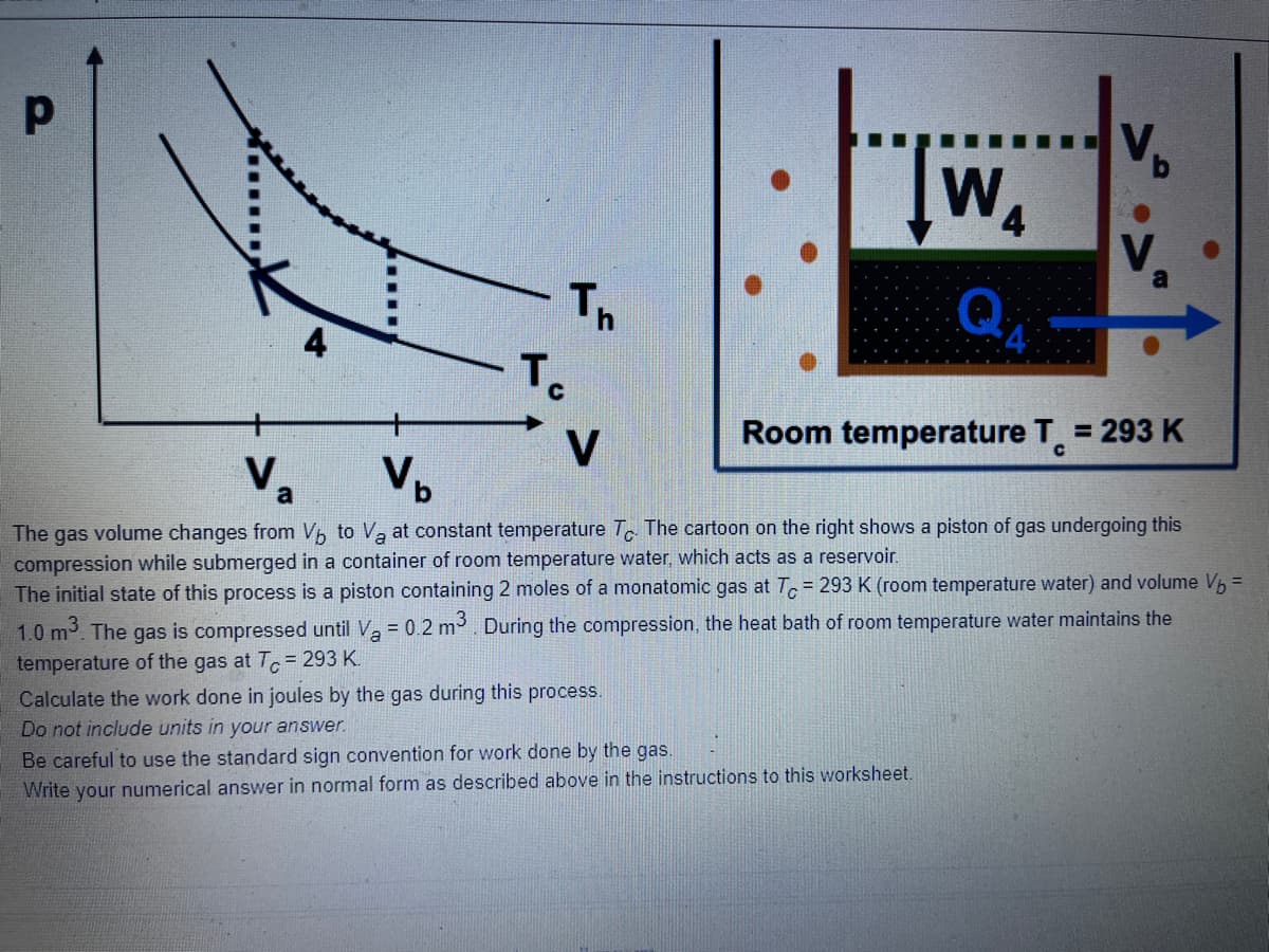 V.
W.
Th
To
%3D
Room temperature T = 293 K
V
V. Vp
The gas volume changes from Vp to Va at constant temperature T. The cartoon on the right shows a piston of gas undergoing this
compression while submerged in a container of room temperature water, which acts as a reservoir.
The initial state of this process is a piston containing 2 moles of a monatomic gas at Tc = 293 K (room temperature water) and volume V =
a
1.0 m. The gas is compressed until V, = 0.2 m. During the compression, the heat bath of room temperature water maintains the
temperature of the gas at T 293 K.
Calculate the work done in joules by the gas during this process.
Do not include units in your answer.
Be careful to use the standard sign convention for work done by the gas.
Write your numerical answer in normal form as described above in the instructions to this worksheet.

