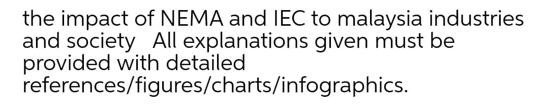 the impact of NEMA and IEC to malaysia industries
and society All explanations given must be
provided with detailed
references/figures/charts/infographics.
