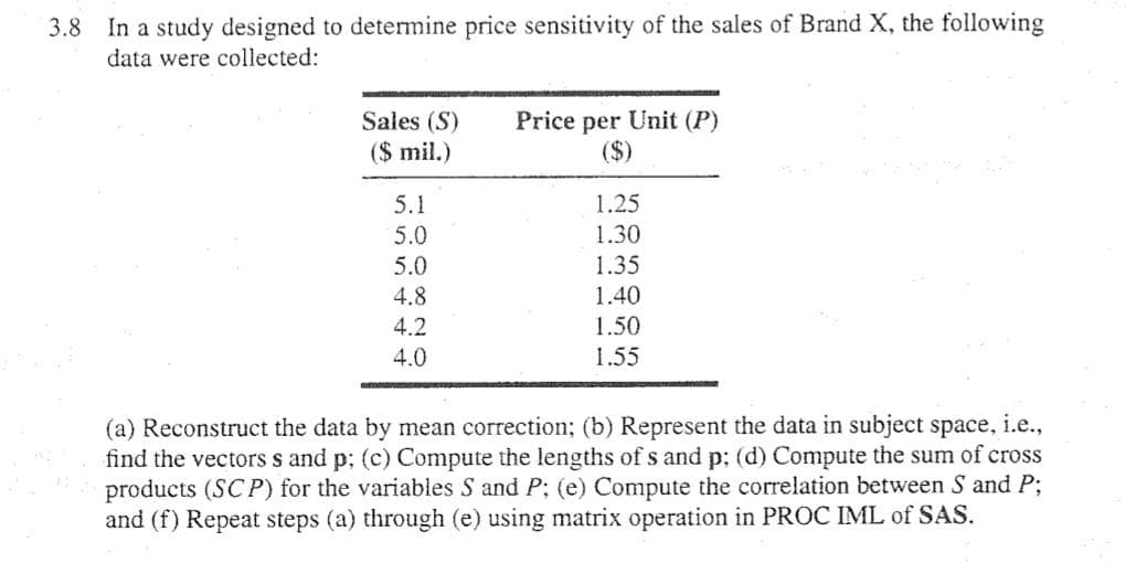 3.8 In a study designed to determine price sensitivity of the sales of Brand X, the following
data were collected:
Sales (S)
($ mil.)
Price per Unit (P)
($)
5.1
1.25
5.0
1.30
5.0
1.35
4.8
1.40
4.2
1.50
4.0
1.55
(a) Reconstruct the data by mean correction; (b) Represent the data in subject space, i.e.,
find the vectors s and p; (c) Compute the lengths of s and p: (d) Compute the sum of cross
products (SCP) for the variables S and P; (e) Compute the correlation between S and P;
and (f) Repeat steps (a) through (e) using matrix operation in PROC IML of SAS.
