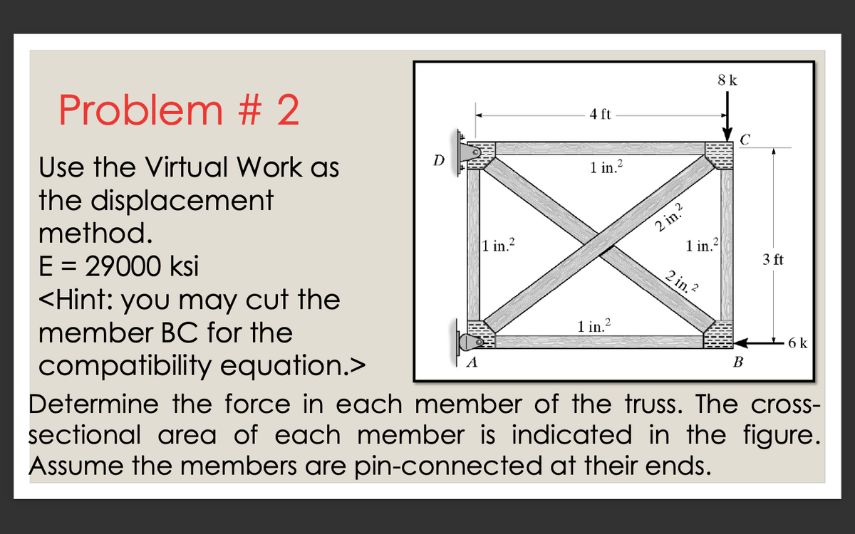 8 k
Problem # 2
4 ft
C
Use the Virtual Work as
1 in.?
the displacement
method.
E = 29000 ksi
2 in.?
1 in.2
1 in.?
3 ft
2 in.?
<Hint: you may cut the
member BC for the
1 in.?
6 k
compatibility equation.>
Determine the force in each member of the truss. The cross-
sectional area of each member is indicated in the figure.
Assume the members are pin-connected at their ends.
A
