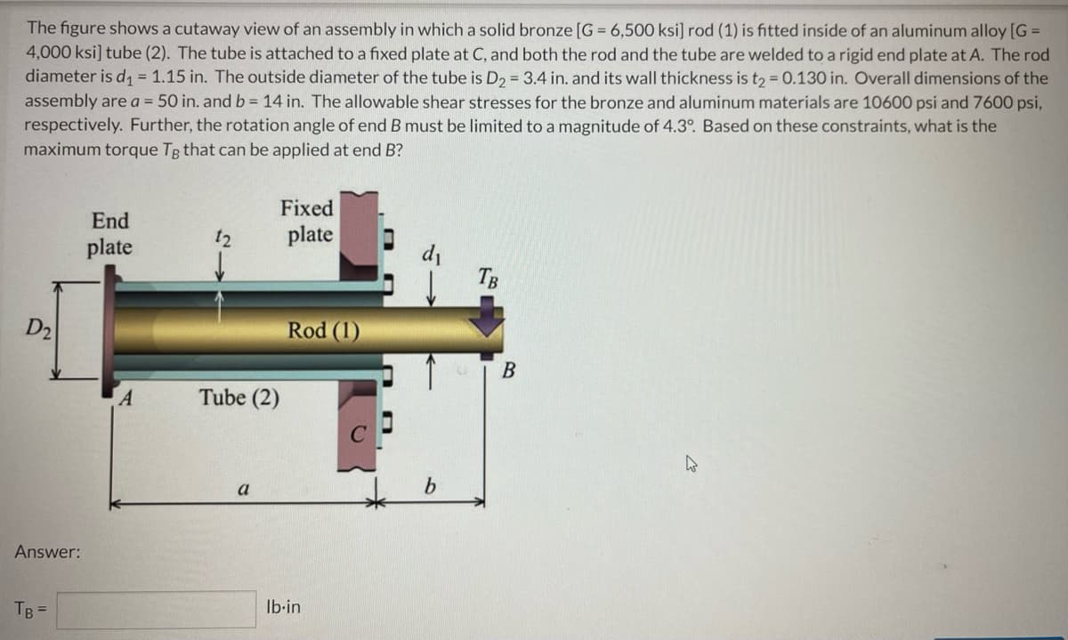 The figure shows a cutaway view of an assembly in which a solid bronze [G= 6,500 ksi] rod (1) is fitted inside of an aluminum alloy [G =
4,000 ksi] tube (2). The tube is attached to a fixed plate at C, and both the rod and the tube are welded to a rigid end plate at A. The rod
diameter is d₁ = 1.15 in. The outside diameter of the tube is D₂ = 3.4 in. and its wall thickness is t₂ = 0.130 in. Overall dimensions of the
assembly are a = 50 in. and b = 14 in. The allowable shear stresses for the bronze and aluminum materials are 10600 psi and 7600 psi,
respectively. Further, the rotation angle of end B must be limited to a magnitude of 4.3°. Based on these constraints, what is the
maximum torque Te that can be applied at end B?
Fixed
End
plate
12
plate
TB
Rod (1)
A
Tube (2)
W
a
D2
Answer:
TB =
lb-in
b
B