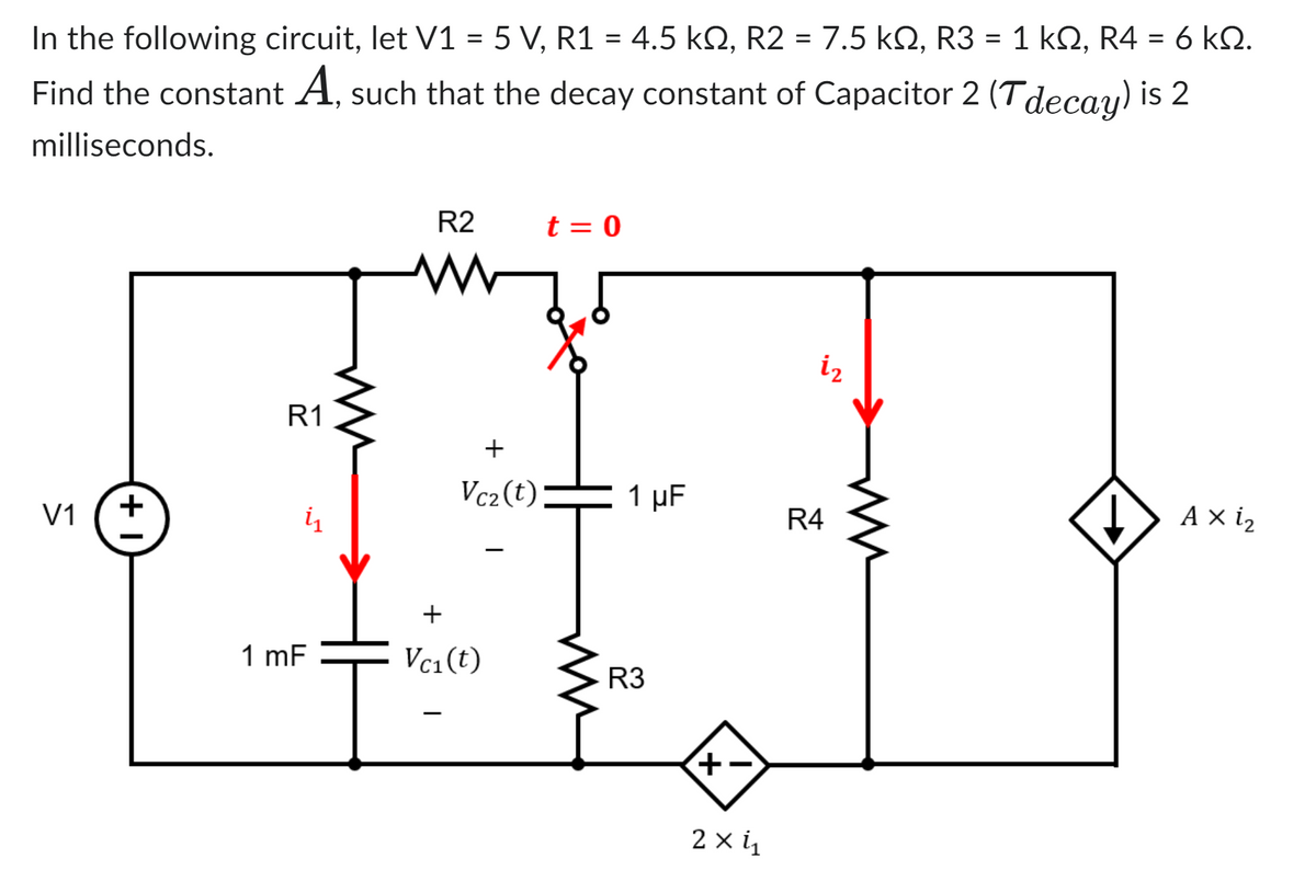 In the following circuit, let V1 = 5 V, R1 = 4.5 kQ, R2 = 7.5 kQ, R3 = 1 kQ, R4 = 6 KQ.
Find the constant A, such that the decay constant of Capacitor 2 (Tdecay) is 2
milliseconds.
V1
+1
R1
i₁
1 mF
ww
R2
+
+
Vc₁(t)
Vcz(t)
I
t = 0
for
1 µF
R3
+
2X4₁
i₂
R4
Axi₂