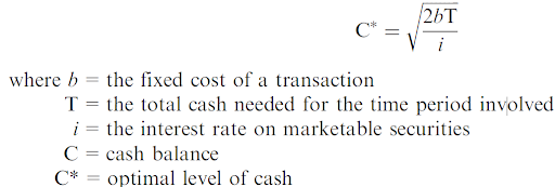 26T
C* =
!
where b = the fixed cost of a transaction
T = the total cash needed for the time period involved
i = the interest rate on marketable securities
C = cash balance
C* = optimal level of cash
