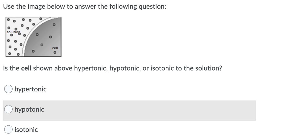 Use the image below to answer the following question:
solutiog
cell
Is the cell shown above hypertonic, hypotonic, or isotonic to the solution?
hypertonic
hypotonic
isotonic
