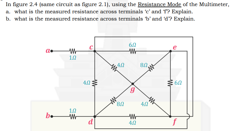 In figure 2.4 (same circuit as figure 2.1), using the Resistance Mode of the Multimeter,
a. what is the measured resistance across terminals 'c' and f? Explain.
b. what is the measured resistance across terminals b' and 'd? Explain.
60
C
e
8.N,
4.2
6.0
be
d
42
f

