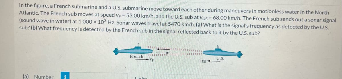 In the figure, a French submarine and a U.S. submarine move toward each other during maneuvers in motionless water in the North
Atlantic. The French sub moves at speed VF = 53.00 km/h, and the U.S. sub at vus = 68.00 km/h. The French sub sends out a sonar signal
(sound wave in water) at 1.000 × 103 Hz. Sonar waves travel at 5470 km/h. (a) What is the signal's frequency as detected by the U.S.
sub? (b) What frequency is detected by the French sub in the signal reflected back to it by the U.S. sub?
(a) Number i
French
Unite
VF
LITHDI11111111
UT
U.S.