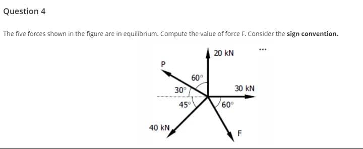 Question 4
The five forces shown in the figure are in equilibrium. Compute the value of force F. Consider the sign convention.
20 KN
P
40 kN
30°
60°
45°
60°
30 KN
F