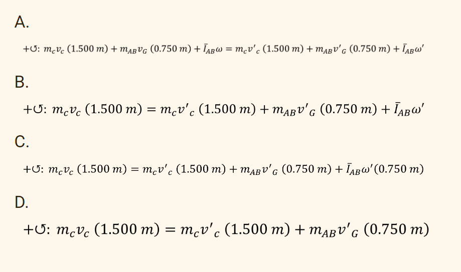 A.
+0: mcvc (1.500 m) + MABVG (0.750 m) + TABW = mcv'c (1.500 m) + MABV'G (0.750 m) + TABW'
B.
+V: mcvc (1.500 m) = mcv'c (1.500 m) + MABV'G (0.750 m) + ĪABW'
Mabv'g
C.
+U: mcvc (1.500 m) = mcv'c (1.500 m) + MABV'G (0.750 m) + TABW'(0.750 m)
C
D.
+5: mcvc (1.500 m) = mcv'c (1.500 m) + MABV'G (0.750 m)