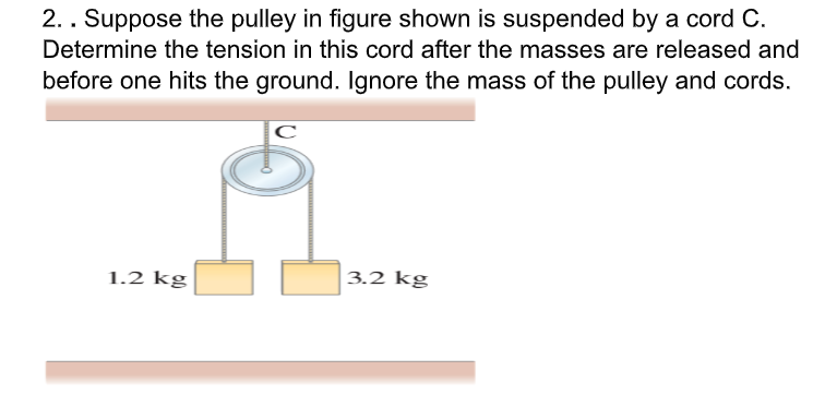 2.. Suppose the pulley in figure shown is suspended by a cord C.
Determine the tension in this cord after the masses are released and
before one hits the ground. Ignore the mass of the pulley and cords.
1.2 kg
3.2 kg
