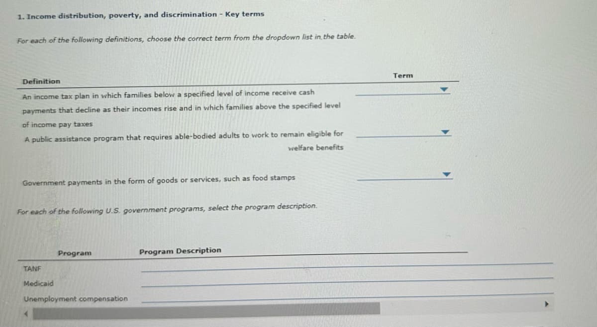 1. Income distribution, poverty, and discrimination - Key terms
For each of the following definitions, choose the correct term from the dropdown list in the table.
Definition
An income tax plan in which families below a specified level of income receive cash
payments that decline as their incomes rise and in which families above the specified level
of income pay taxes
A public assistance program that requires able-bodied adults to work to remain eligible for
welfare benefits
Government payments in the form of goods or services, such as food stamps
For each of the following U.S. government programs, select the program description.
Program
Program Description
TANF
Medicaid
Unemployment compensation
Term