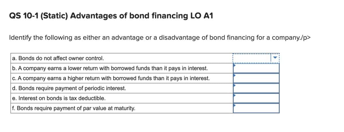 QS 10-1 (Static) Advantages of bond financing LO A1
Identify the following as either an advantage or a disadvantage of bond financing for a company./p>
a. Bonds do not affect owner control.
b. A company earns a lower return with borrowed funds than it pays in interest.
c. A company earns a higher return with borrowed funds than it pays in interest.
d. Bonds require payment of periodic interest.
e. Interest on bonds is tax deductible.
f. Bonds require payment of par value at maturity.