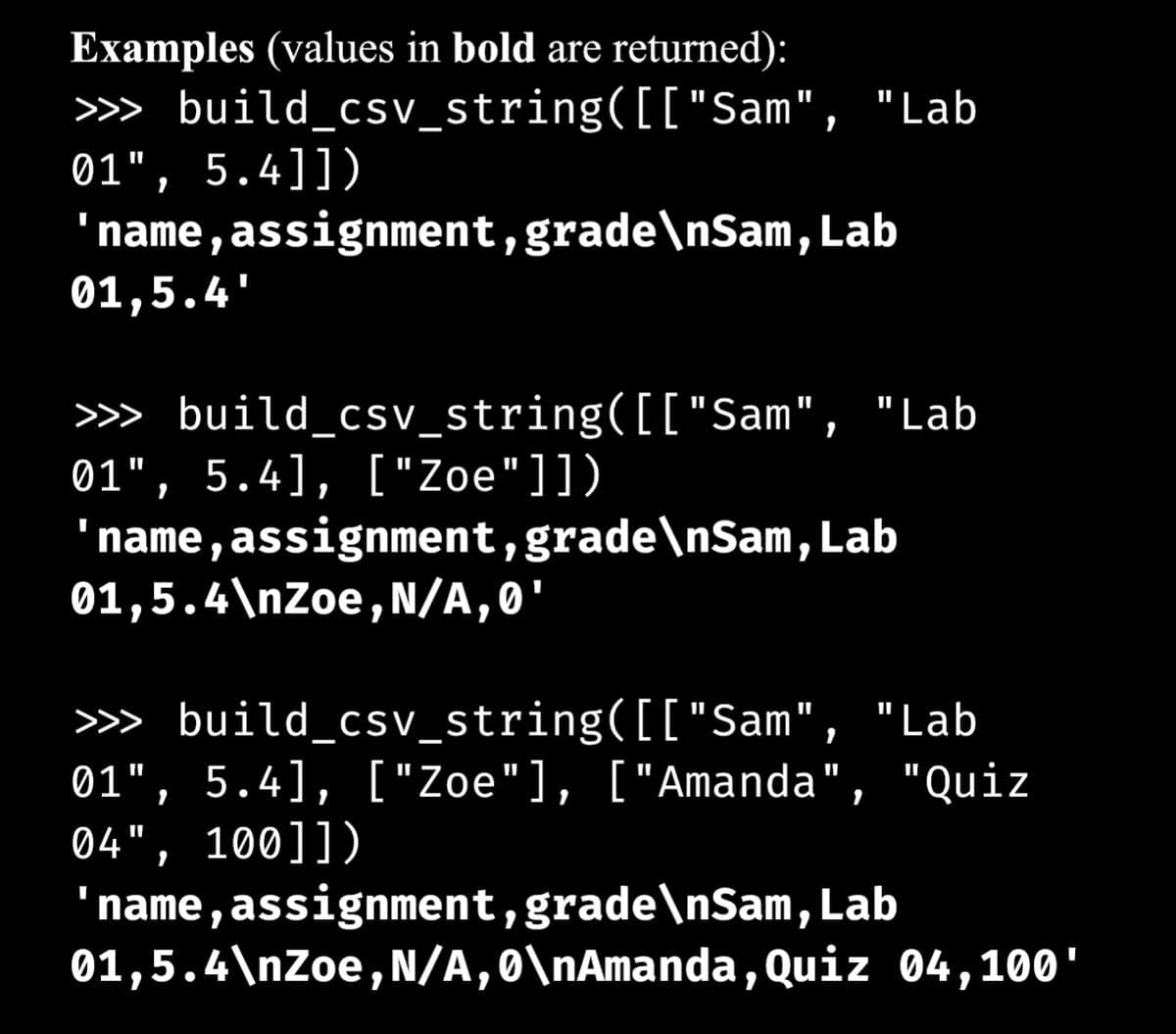 Examples (values in bold are returned):
>>> build_csv_string([["Sam", "Lab
01", 5.4]])
'name, assignment, grade\nSam, Lab
01,5.4'
>>> build_csv_string([["Sam", "Lab
01", 5.4], ["Zoe"]])
'name, assignment, grade\nSam, Lab
01,5.4\nZoe, N/A, 0'
>>> build_csv_string([["Sam", "Lab
01", 5.4], ["Zoe"], ["Amanda", "Quiz
04", 100]])
'name, assignment, grade\nSam, Lab
01,5.4\nZoe, N/A, 0\nAmanda, Quiz 04,100'